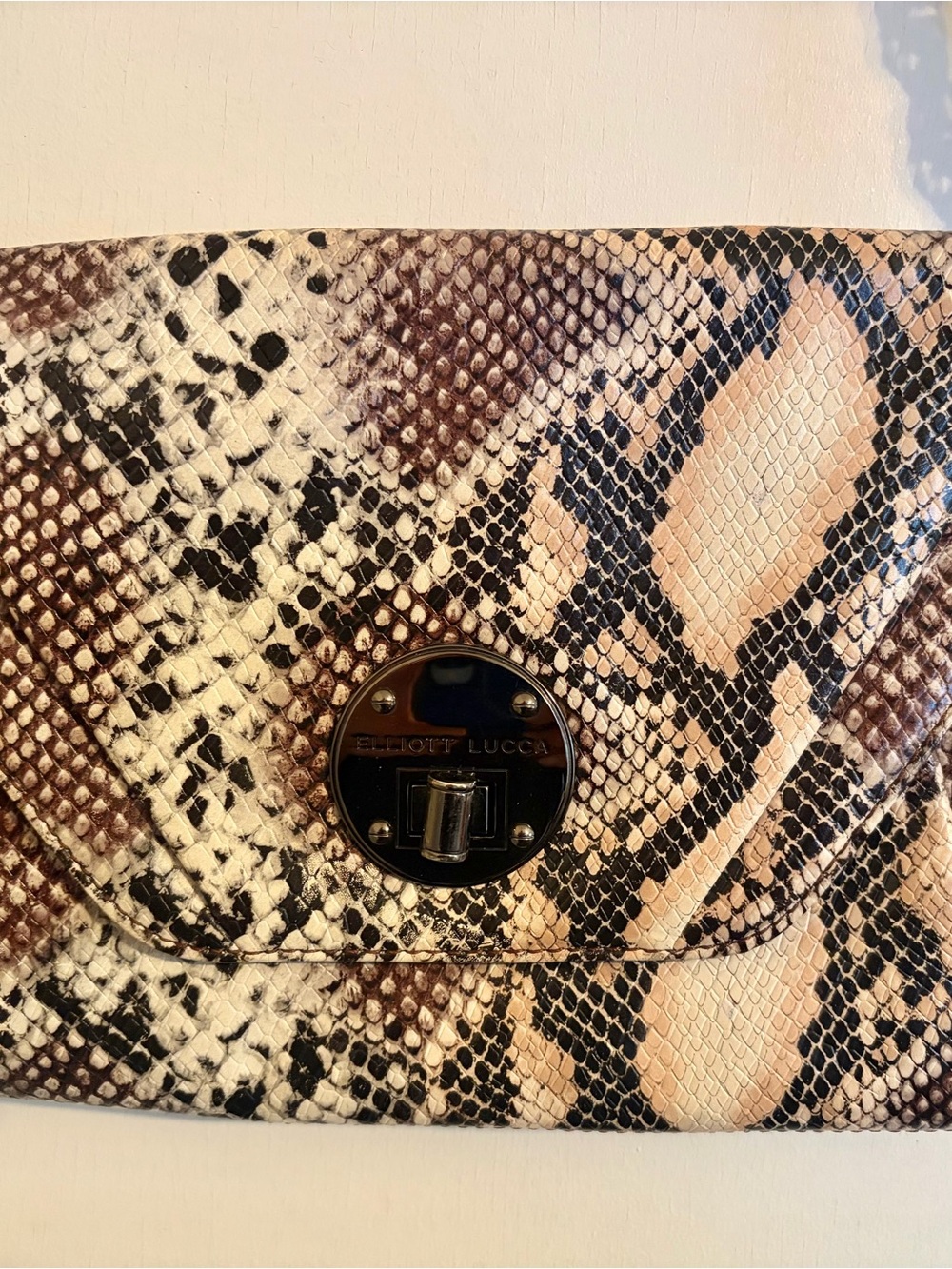 Elliott Lucca Snake-Print Leather Clutch in Brown & Cream